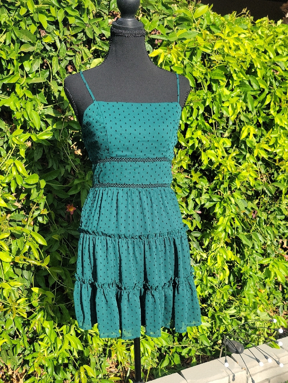 Green Tiered Swiss Dot Ruffle Spaghetti Strap Mini Dress